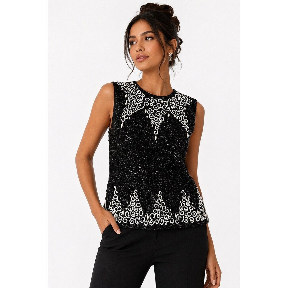 Vintage Beaded Sequin Tassel Wool Top Black Zipper Back Hong Kong 1960s Party